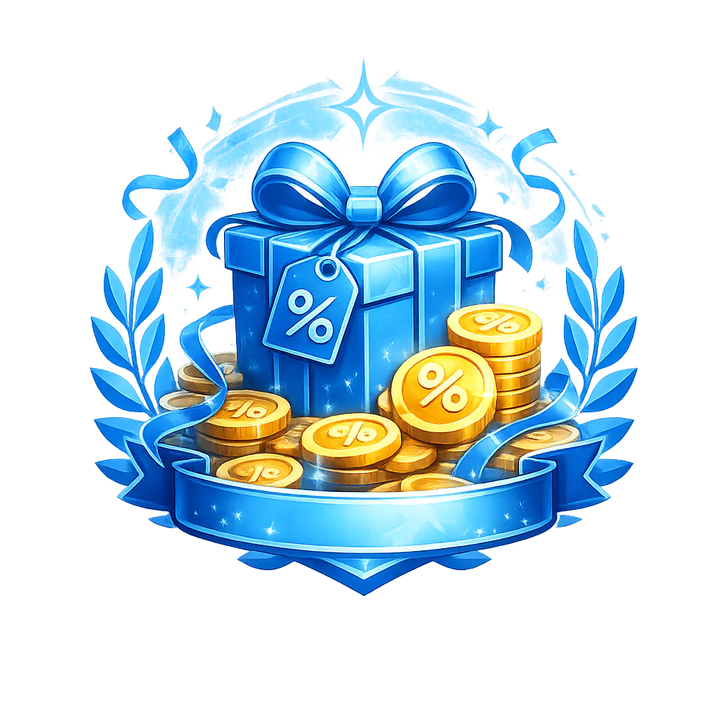 Een illustratie van een blauwe geschenkdoos met een lint en een label met een procentteken, omringd door stapels gouden munten. Decoratieve elementen zoals blauwe laurierblaadjes en fonkelende sterren zorgen voor een feestelijke en luxe uitstraling. De afbeelding symboliseert bonussen, promoties, cashback, kortingscodes en speciale aanbiedingen voor online diensten, spellen of casino's.