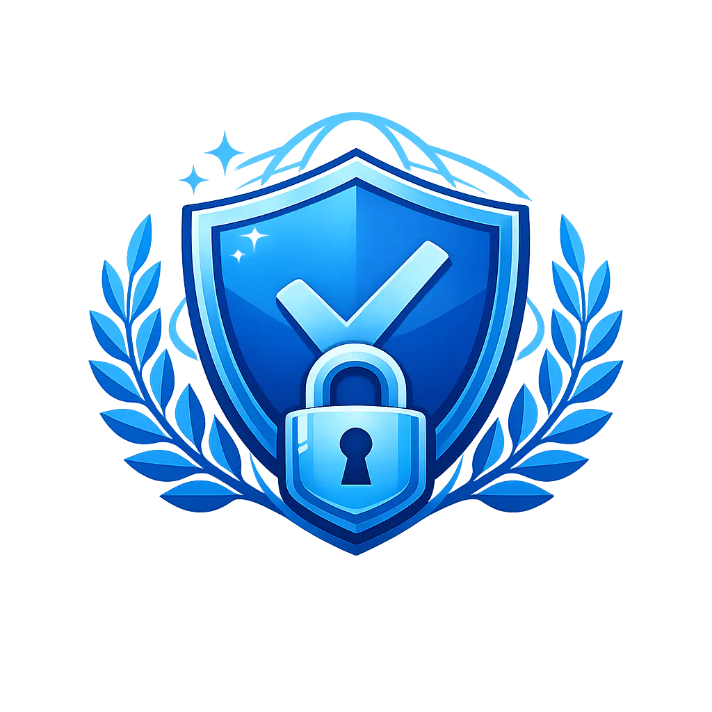 Een gestileerd blauw beveiligingsembleem: een schild met een vinkje in het midden, symbool voor verificatie en bewezen betrouwbaarheid, en boven het schild een slotpictogram, dat staat voor gegevensbescherming en accountbeveiliging. Het schild is omgeven door laurierbladeren, die status en vertrouwen benadrukken, en daarboven de omtrek van een wereldbol, wat duidt op internationale of online gerichte beveiliging. De afbeelding brengt thema's als cyberbeveiliging, verificatie, bescherming van persoonlijke gegevens en veilige online platforms over.