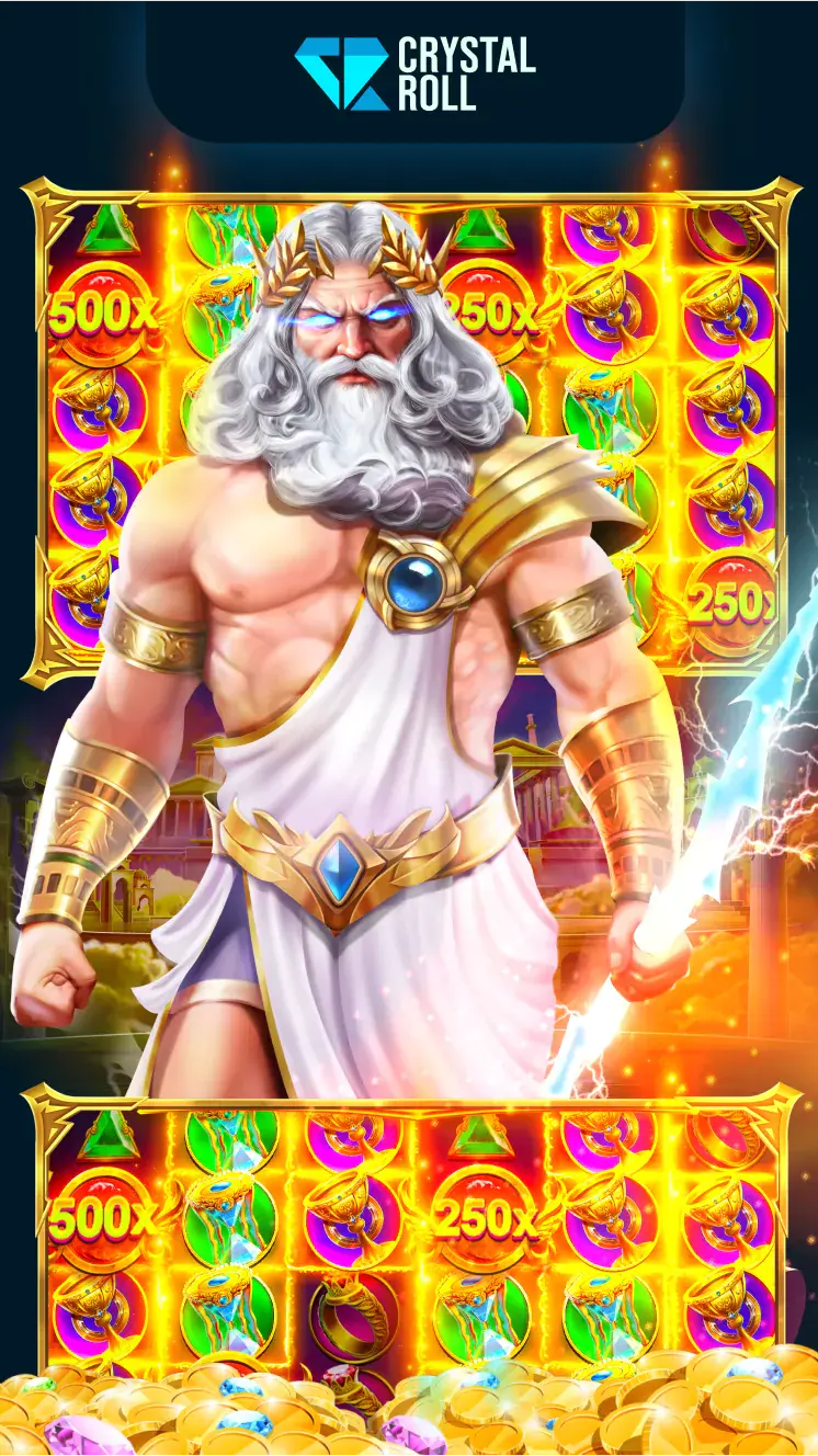 Een levendige promotiebanner voor de Crystal Roll-gokkast toont een mythologische figuur die lijkt op de god van de donder, met een gloeiende bliksemflits in zijn hand. Op de achtergrond zijn antieke zuilen te zien en op de rollen zijn edelstenen en vermenigvuldigers van 500x en 250x zichtbaar. Daaronder benadrukken verspreide gouden munten en kristallen het thema van rijkdom en grote winsten.
