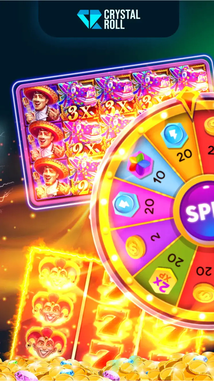Een promotieafbeelding voor het spel Crystal Roll toont een levendig draaiend rad van fortuin, verdeeld in sectoren met getallen, munten en edelstenen. Op de achtergrond zijn vakjes te zien met neonkleurige symbolen, waaronder jokers en harten. Daaronder liggen gouden munten en kristallen, die een sfeer van winst en bonussen creëren.
