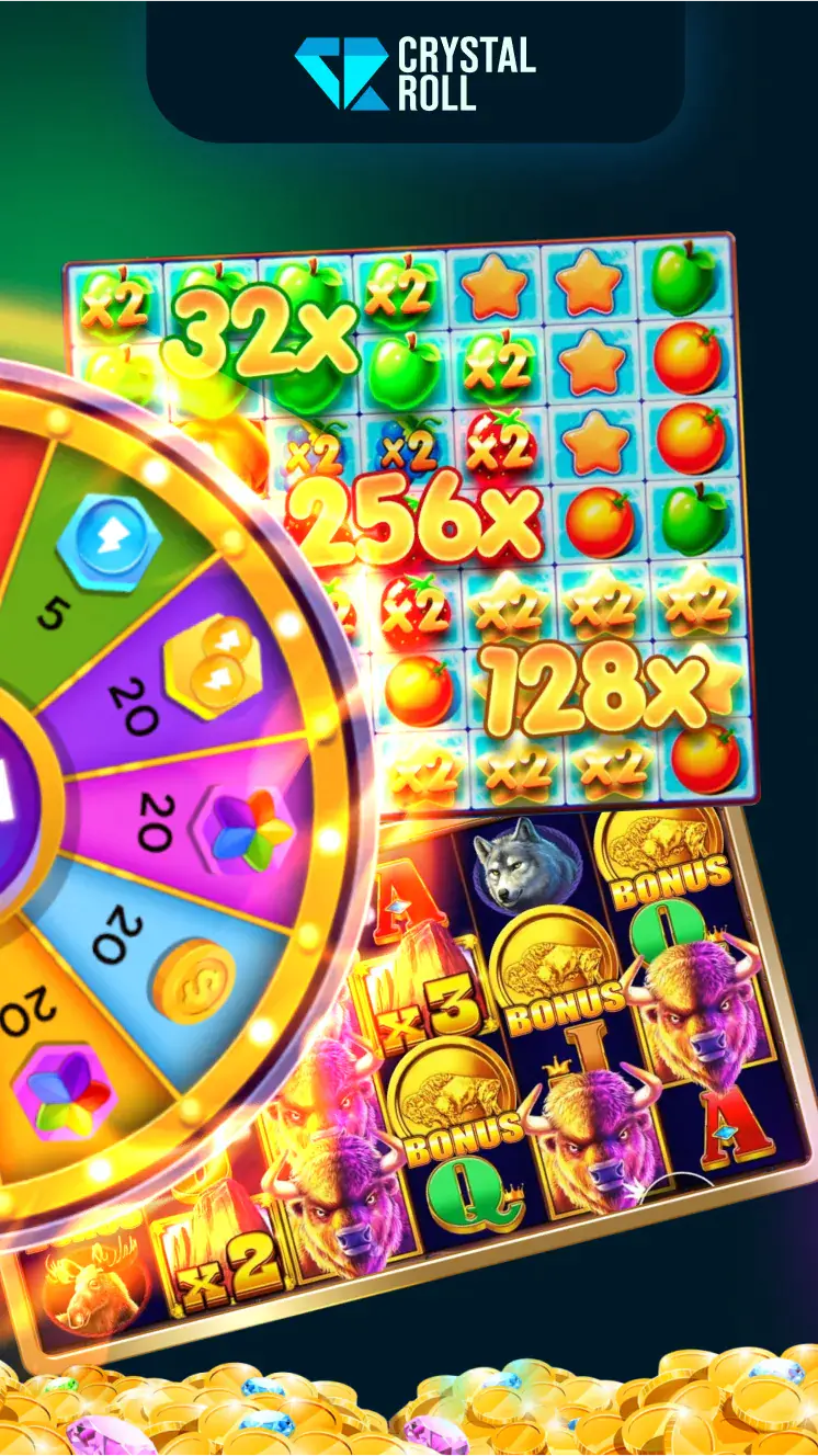 De graphics van Crystal Roll tonen een draaiend bonuswiel en een raster van fruit- en sterrensymbolen met vermenigvuldigers van 32x, 256x en 128x. Rechts bevinden zich de rollen van de gokkast met personages en bonusmunten. Daaronder liggen gouden munten, die het thema van beloningen en grote winsten benadrukken.