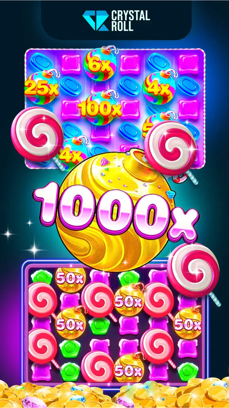 Een screenshot van de Crystal Roll-gokkast met snoepthema, met felgekleurde lolly's, munten en vermenigvuldigingsroosters. In het midden staat een gouden snoepje met de tekst "1000x", wat de maximale winst symboliseert. Het bovenste rooster bevat vermenigvuldigers van 25x, 6x, 4x en 100x, terwijl het onderste rooster meerdere vermenigvuldigers van 50x bevat. Het ontwerp benadrukt het thema van zoete bonussen en hoge vermenigvuldigers.