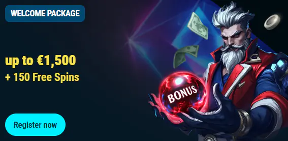 De promotiebanner van het welkomstpakket toont een levendig figuur in een rood-blauw pak dat een gloeiende rode bal vasthoudt met het woord "BONUS" erop. Op de achtergrond zijn vliegende bankbiljetten en een pokerfiche te zien, wat het gokthema benadrukt. De banner zet de welkomstaanbieding in de spotlight: tot €1.500 en 150 gratis spins, met onderaan een "Nu registreren"-knop. De afbeelding vestigt de aandacht op de startbonus en de registratie bij het online casino.