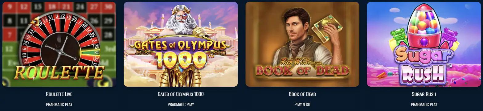 Een collage van vier promotieafbeeldingen van populaire online casinospellen. Van links naar rechts: Roulette Live van Pragmatic Play met een groot roulettewiel; Gates of Olympus 1000 van Pragmatic Play met een afbeelding van Zeus tegen een achtergrond van oude Griekse zuilen; Book of Dead van Play'n GO met een avonturier die een gouden boek vasthoudt; Sugar Rush van Pragmatic Play met een vrolijk snoepthema en kleurrijke snoepjes. De afbeelding toont een verscheidenheid aan topgokkasten en live games van toonaangevende aanbieders, met de nadruk op populaire genres zoals roulette, mythologie, avontuur en snoepgokkasten.