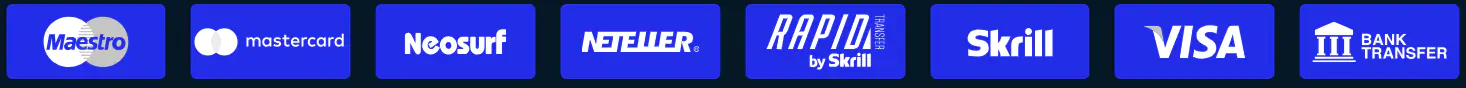 Een horizontale rij pictogrammen op een blauwe achtergrond die populaire betaalmethoden voorstellen: Maestro, Mastercard, Neosurf, Neteller, Rapid by Skrill, Skrill, Visa en bankoverschrijving. Elk pictogram bevat het logo en de naam van het betaalsysteem. De afbeelding toont de beschikbare stortings- en opnamemethoden voor online diensten en casino's, waaronder bankpassen, e-wallets en bankoverschrijvingen.